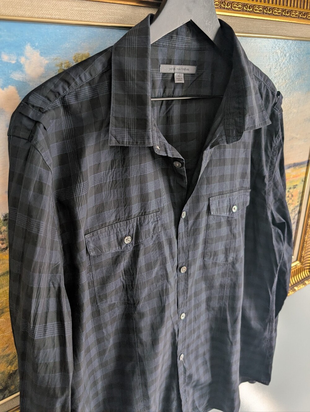 John Varvatos Black and Charcoal Plaid Button-Down Shirt